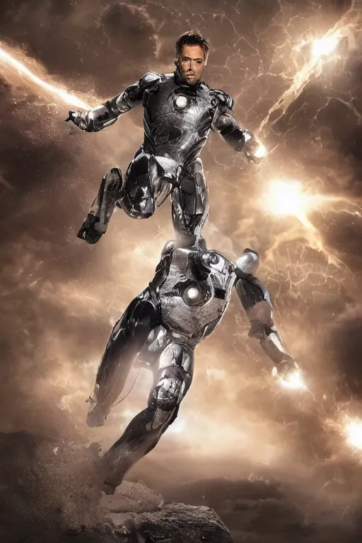 Image similar to ryan reynolds in a silver and black nano technology iron man suit, cinematic, volumetric lighting, f 8 aperture, cinematic eastman 5 3 8 4 film, photorealistic