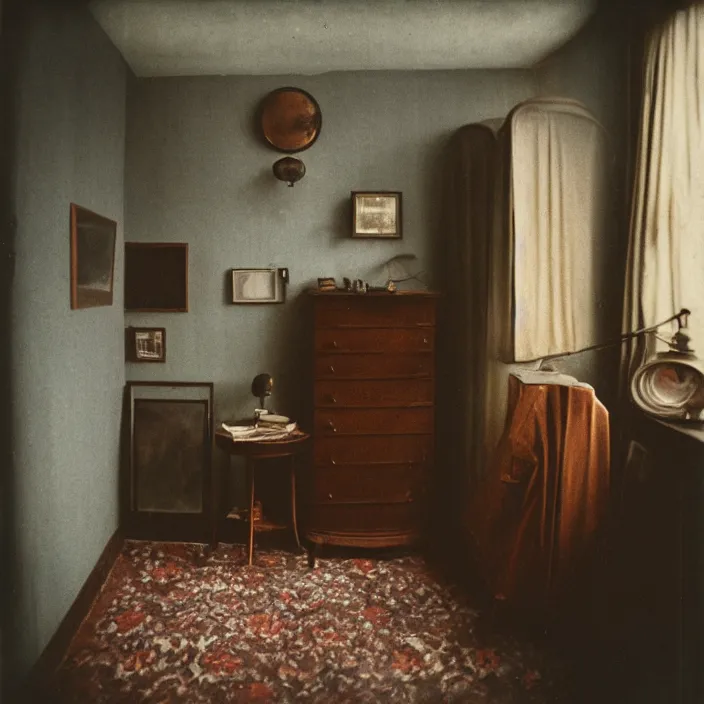 Prompt: kodak portra 4 0 0, wetplate, fisheye, award - winning portrait by britt marling, 1 9 2 0 s room, ghost, picture frames, shining lamps, dust, smoke, 1 9 2 0 s furniture, wallpaper, carpet, books, muted colours, wood, fog,