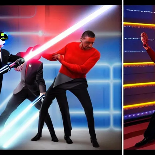 Image similar to photo of putin, trump and obama having a lightsaber fight