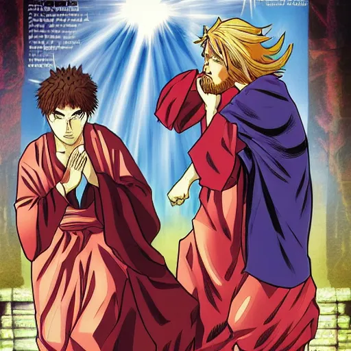 Image similar to Anime Jesus punches Judas comic book manga