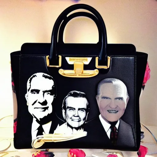 Prompt: designer purse with images of van dyke and cavett and richard nixon pattern, fashion design, high fashion, elle magazine, cosmopolitan, glossy photo, crisp details, michael kors, givenchy, burberry