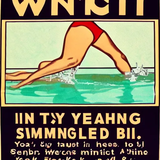 Prompt: year 1 9 2 8 health advice poster for swimming. mint green and gold