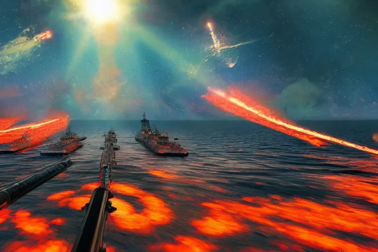 Prompt: psychedelic war battleships on ocean fire in sky, high detail, 8 k, reflections, ray tracing