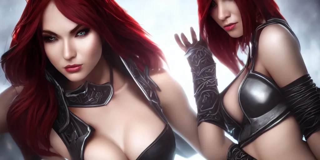 Prompt: Katarina from League of Legends, photorealistic studio portrait, studio lighting, unreal engine 5, hyperrealistic, dynamic lighting, white ambient background, realistic, highly detailed