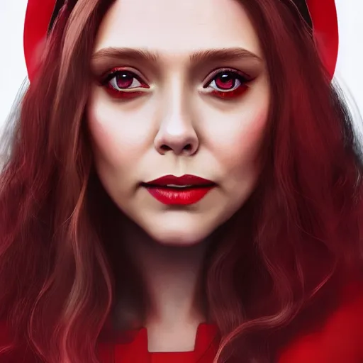 Image similar to Elizabeth Olsen as the Scarlet Witch, Elizabeth Olsen wearing Scarlet Witch attire and makeup, photorealistic imagery, trending on artstation, 4k, 8k