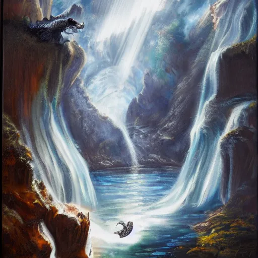 Image similar to oil painting of a dragon flying in the air near a cave with a waterfall in the center, light emanating from the waterfall leading to a big pool of water, dragon has black and white siberian tiger stripes, elegant, sharp focus, wide shot, clear, detailed, early renaissance