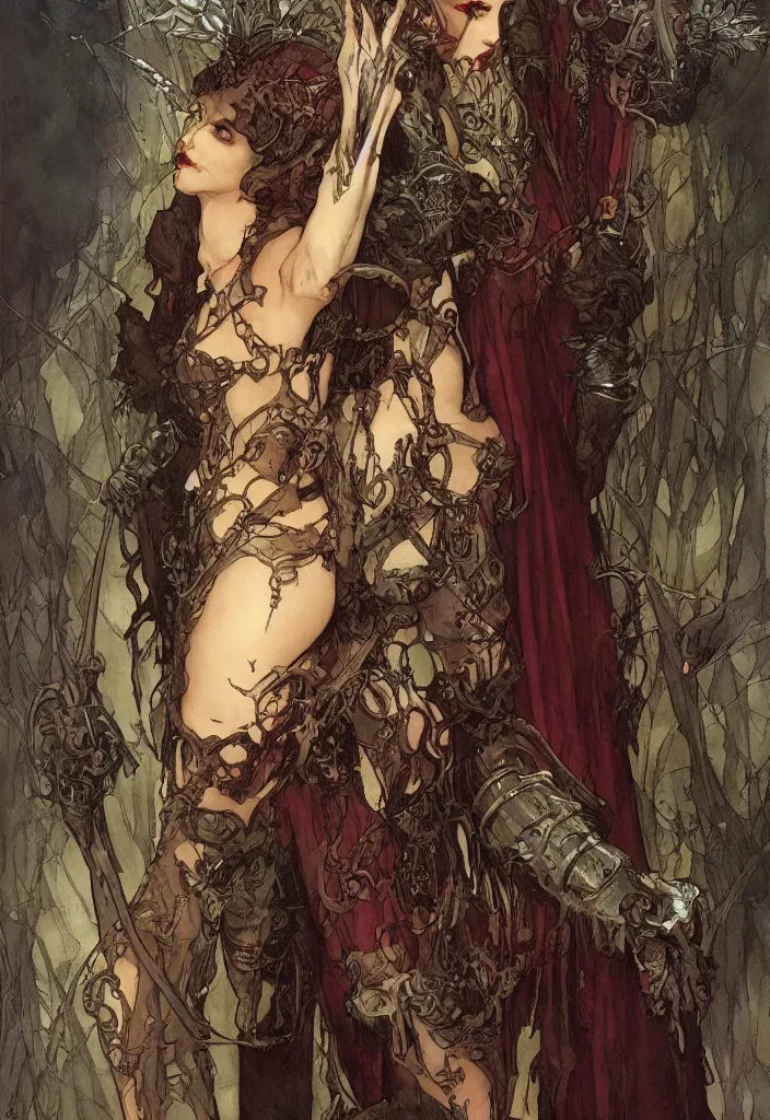 Image similar to drawing of a beautiful vampire woman, armor plates, by marc simonetti and brian froud and mike mignola and alfons maria mucha and peter mohrbacher, hyperdetailed