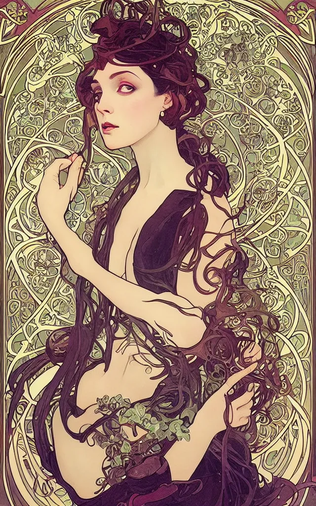 Prompt: illustration of a beautiful woman on a cyberpunk art nouveau playing card, in style of Alphonse mucha, Charlie Bowater, Tom Bagshaw