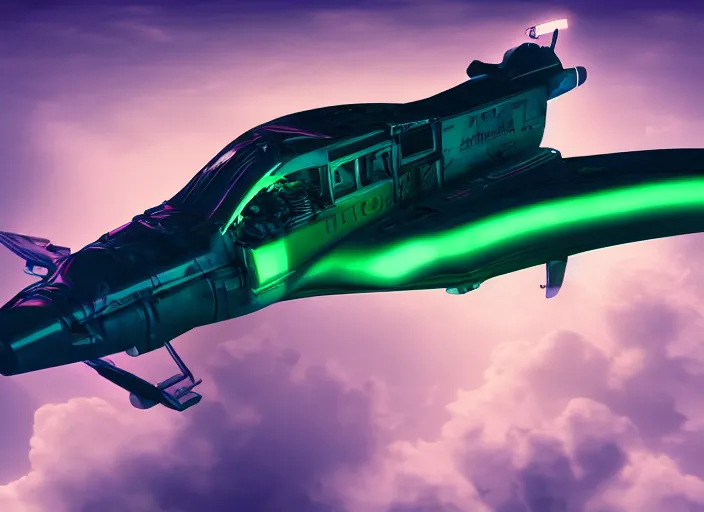 Image similar to Cyberpunk mechanical airplane with neon lights flying in the clouds at night, cinematic