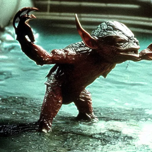 Image similar to a film still of gremlin coming out of water in star wars realistic, detailed