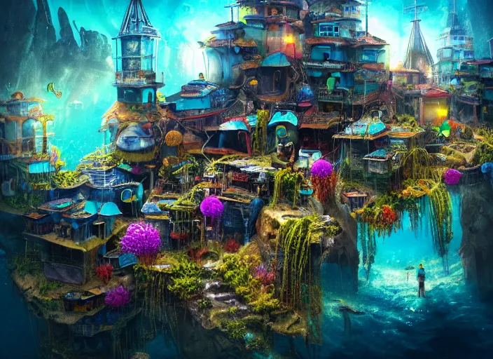 Prompt: favela fantasy cathedral, underwater environment, sorcery, scenery, professional, award - winning, trending on artstation, hyper detailed, realistic, beautiful, emotional, shiny, colorful, picture