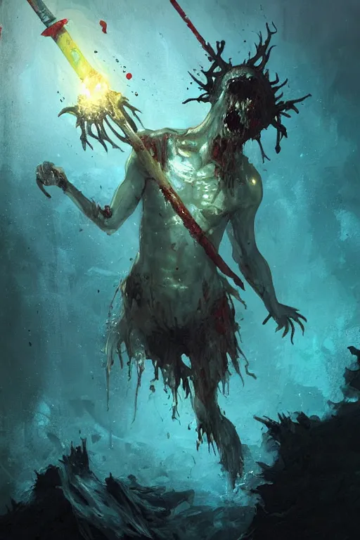 Image similar to painting by greg rutkowski of a drowned zombie with!! glowing cyan eyes!!, holding a trident, underwater