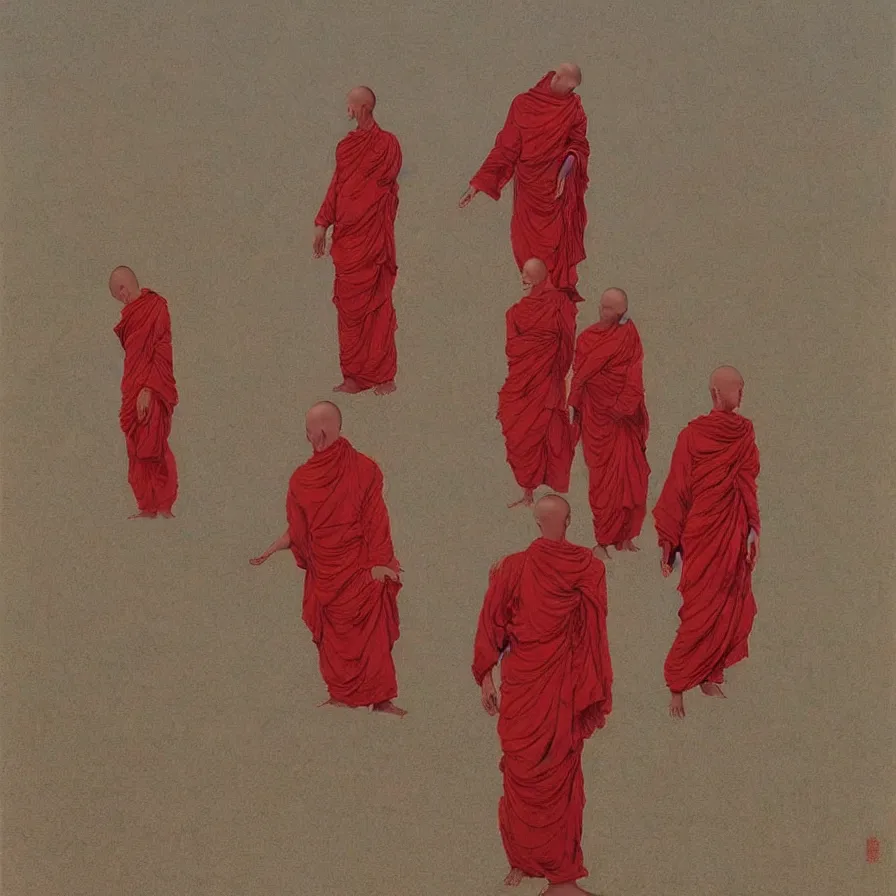 Prompt: ! dream faceless monks on a desert, red color scheme, high detailed beksinski painting, by adrian ghenie and gerhard richter. art by takato yamamoto. masterpiece, deep colours.