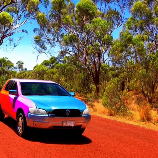 Prompt: driving a car in the australian bush outback psychedelic