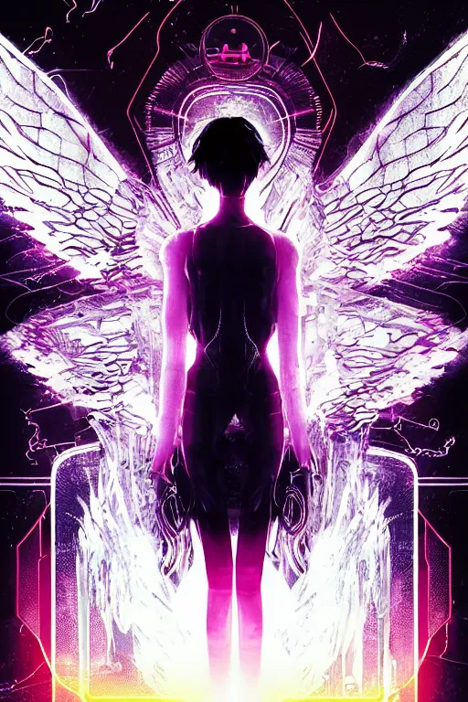 Image similar to white arc-angel with mystic robotic wings, blade runner, akira, ghost in the shell, 2077, style of Laurie Greasley and Satoshi Kon + symmetric lights and smoke, psychedelic effects , glowing particles, neon rain, glowing runes, de-noise, symmetrical composition, high detailed + tarot card, ornate border, 8k