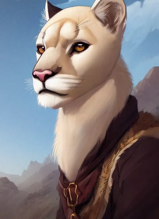 Image similar to beautiful portrait commission of a male furry anthro albino mountain lion wearing miner's clothes in the western frontier. Atmospheric. Character design by charlie bowater, ross tran, artgerm, and makoto shinkai, detailed, inked, western comic book art