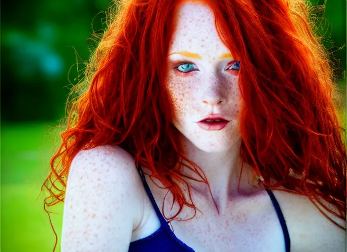 Image similar to award winning 8 5 mm close up face portrait photo of a redhead with deep red hair, freckles and blue eyes in a park by luis royo.