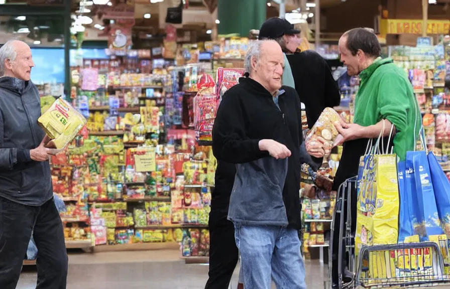 Image similar to paparazzi photo of werner herzog shopping at trader joe's