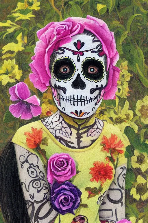 Prompt: Illustration of a sugar skull day of the dead girl, art by daniel garber