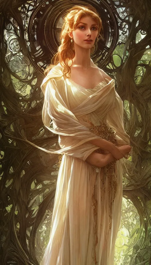 Prompt: portrait of elegant beautiful woman, ethereal, expressive pose, intricate dress, fantasy, intricate, forest background, highly detailed, digital painting, artstation, concept art, smooth, sharp focus, illustration, art by artgerm and greg rutkowski and alphonse mucha