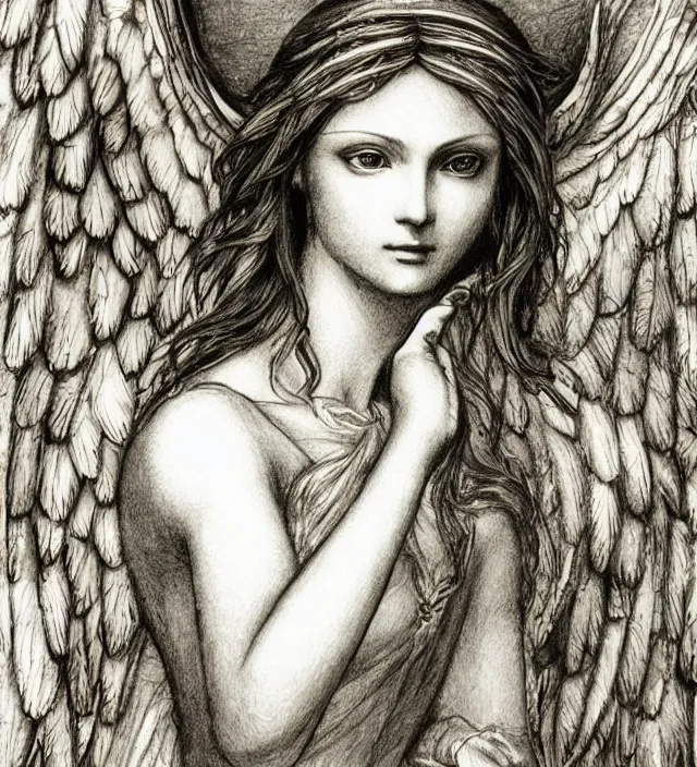 Prompt: davinci biblical alchemy art brush ink 3 d drawing of a beautiful angel girl epic photorealistic portrait in squareenix miura kentaro sorayama technoir noir style detailed trending award winning