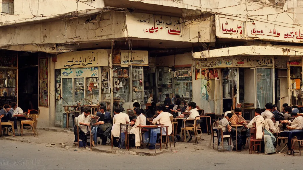 Prompt: colour photograph of a cafe in central baghdad in 1 9 7 1 + fujifilm