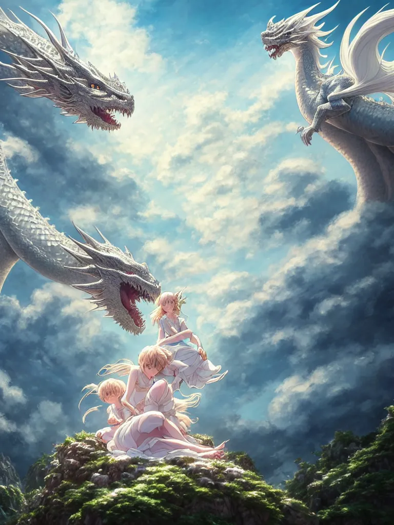 Image similar to the beautiful hyper detailed big scene render that a beautiful princess sitting on the back of a huge silver white dragon alone in fairyland surrounded by white clouds, finely detailed angelic face delicate features, style of studio ghibli, makoto shinkai, raphael lacoste, artgerm, karol bak, kazuki tanahashi, james jean, ross tran, ultra wide angle