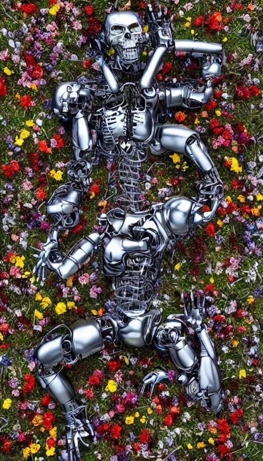 Image similar to destroyed terminator lying in a field of flowers, twisted metal, chrome, reflections, anthropomorphic, photorealism, smoke, metal, 8 k, surreal, wires, smooth, sharp focus, top view, extremely detailed, hyperrealism, elegant, establishing shot, by jeff koons, artgerm and greg rutkowski