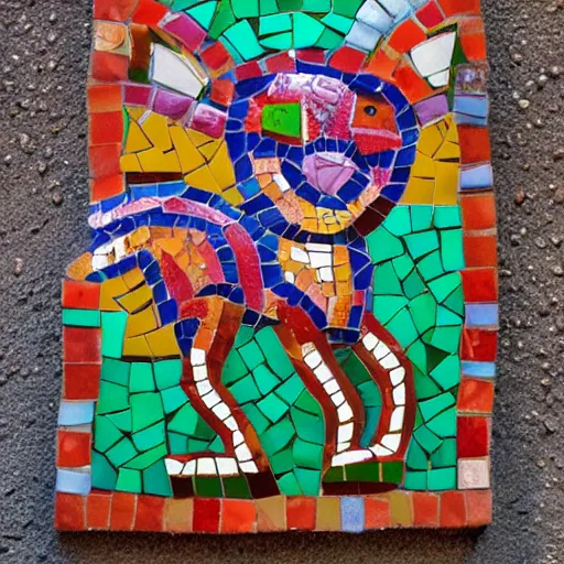 Image similar to mosaic sculpture of a alebrije chimera!!!, irregularly shaped mosaic tiles, in the style of folk art, in a cottagecore flower garden