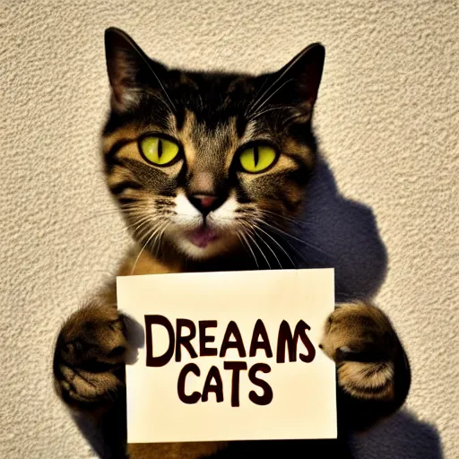 Prompt: realistic high quality photo of a cute cat holding a sign with text that reads : dream caaats, cats, cas