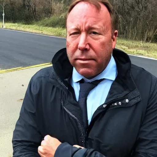 Image similar to close up of alex jones begging for money on the side of the road, award winning press photo