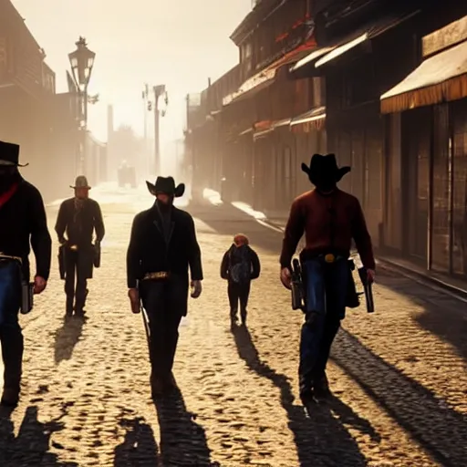 Image similar to cowboy androids walking the streets in Saint Denis in Red Dead Redemption 2 8k hyperdetailed photorealism HDR