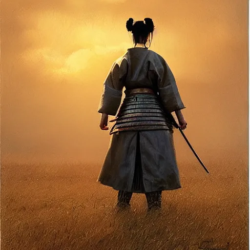 Image similar to female samurai standing in a field in the style of Ruan Jia, golden hour