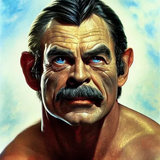 Image similar to ultra realistic portrait painting of tom selleck as gollum, art by frank frazetta, 4 k, ultra realistic, highly detailed, epic lighting