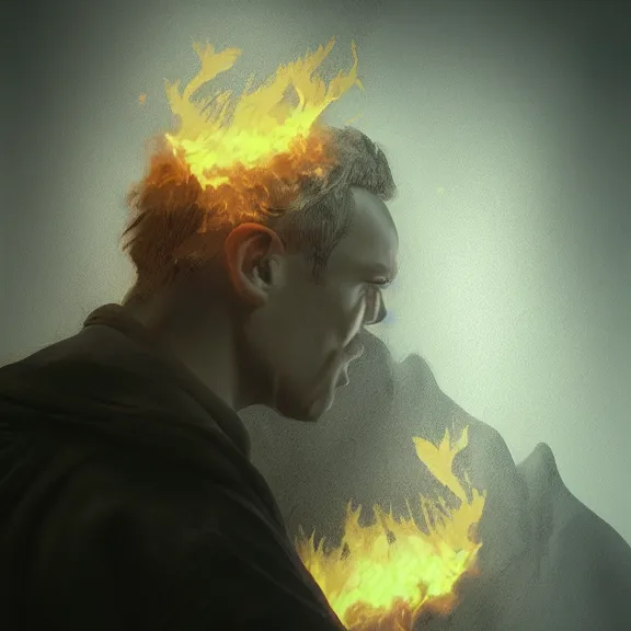 Image similar to portrait. abstract matte painting of a man on fire. Goya, ArtStation, CGSociety, Unreal Engine