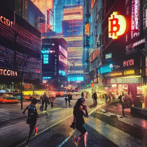 Prompt: people running away scared from cryptocurrency city, bitcoin evil, cyberpunk art ultrarealistic 8k