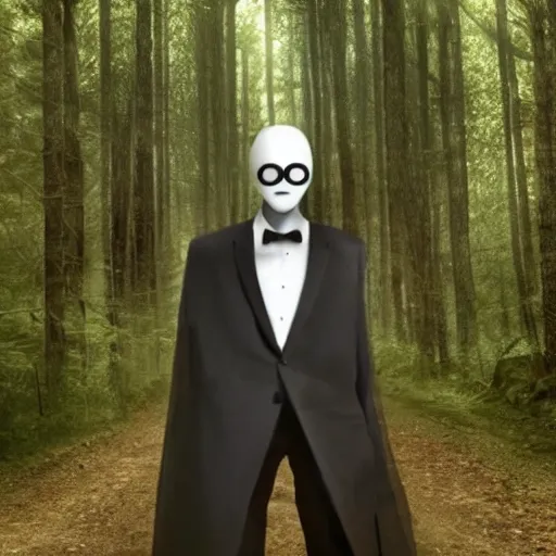 Image similar to slenderman walking with a 20 years women!! throw forest