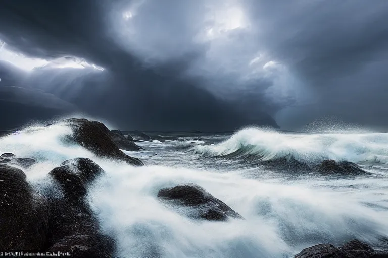 Image similar to beautiful landscape photography by marc adamus, scotland shore, big waves crashing, dramatic lighting, storm