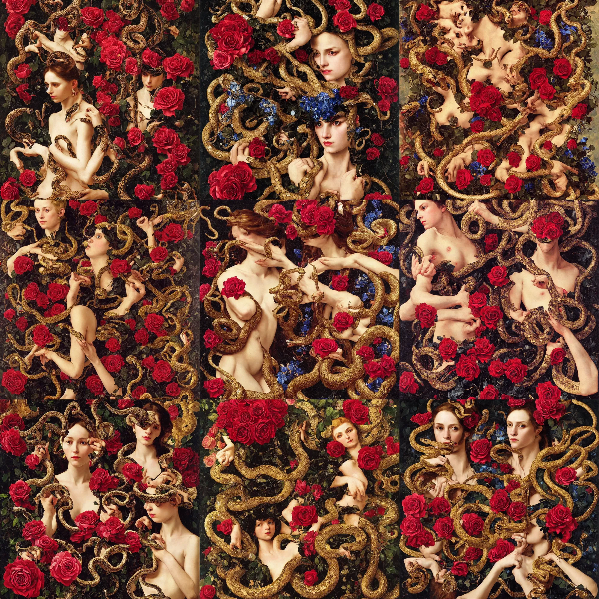 Prompt: Snakes, roses, sapphire, horns, flames, diamond, ruby, red, black, gold, full-length, oil painting in a renaissance style , very detailed, painted by Caravaggio, Greg rutkowski, Sachin Teng, Thomas Kindkade, Alphonse Mucha, Norman Rockwell, Tom Bagshaw.