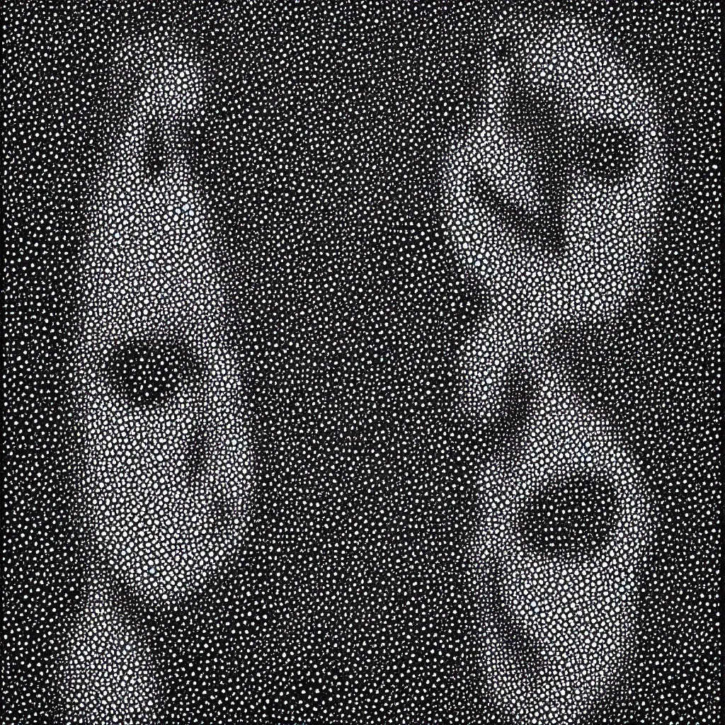 Image similar to face made out of planet, faceless people dark, dots, drip, stipple, pointillism, technical, abstract, minimal, style of francis bacon, asymmetry, pulled apart, cloak, hooded figure, made of dots, abstract, balaclava