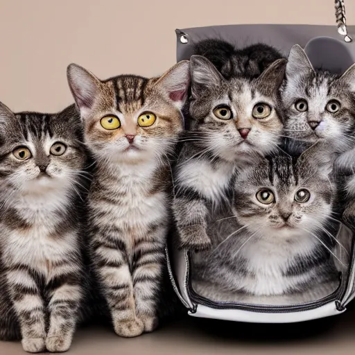 Image similar to a highly detailed photo of multiple furry cats, they are inside a big chanel bag, gray background, studio lighting, 4 k, 8 k