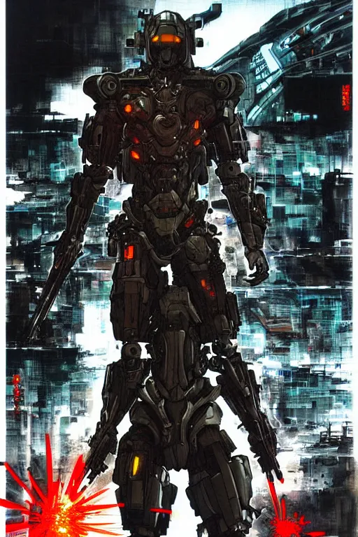 Prompt: a futuristic cybernatic advanced soldier, ninja, hellish landscape painting by greg ruthowski, alphonse murac, yoshikata amano, yoji shinkawa, collaborative artwork, exquisitely high quality and detailed