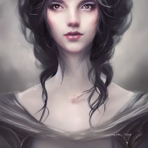 Image similar to beautiful girl, whimsical portrait, ice magic, dark hair, dark robe, intricate, elegant, highly detailed, cgsociety, trending on artstation, dnd, castle background, warm light, concept art, illustration