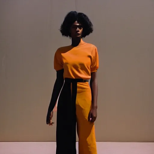 Prompt: realistic photoshooting for a new balenciaga lookbook, color film photography, portrait of a beautiful woman, woman is wearing a jumpsuit, in style of Tyler Mitchell, 35mm,