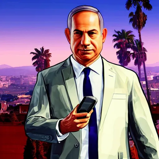 Image similar to GTA V loading screen depicting Benjamin Netanyahu holding a phone and doing a peace sign, hot babes in the background, highly detailed