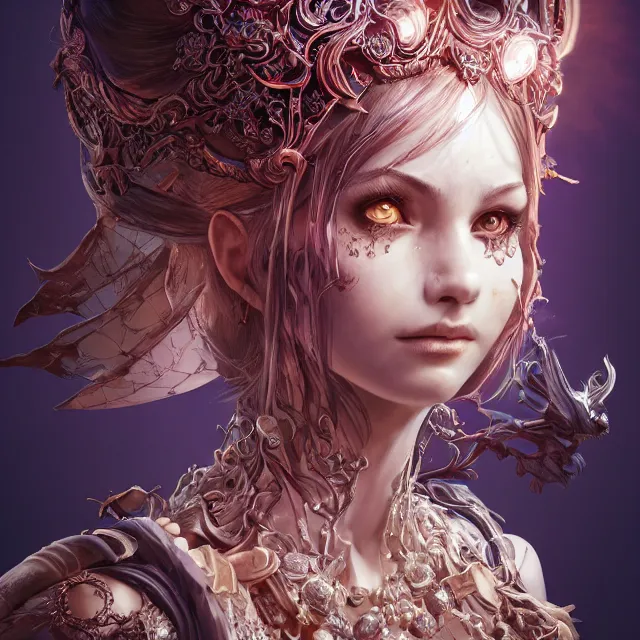 Image similar to the portrait of chaotic evil female necromancer overlord as absurdly beautiful, gorgeous, elegant, innocent young woman, an ultrafine hyperdetailed illustration by kim jung gi, irakli nadar, intricate linework, bright colors, octopath traveler, final fantasy, unreal engine 5 highly rendered, global illumination, radiant light, detailed and intricate environment