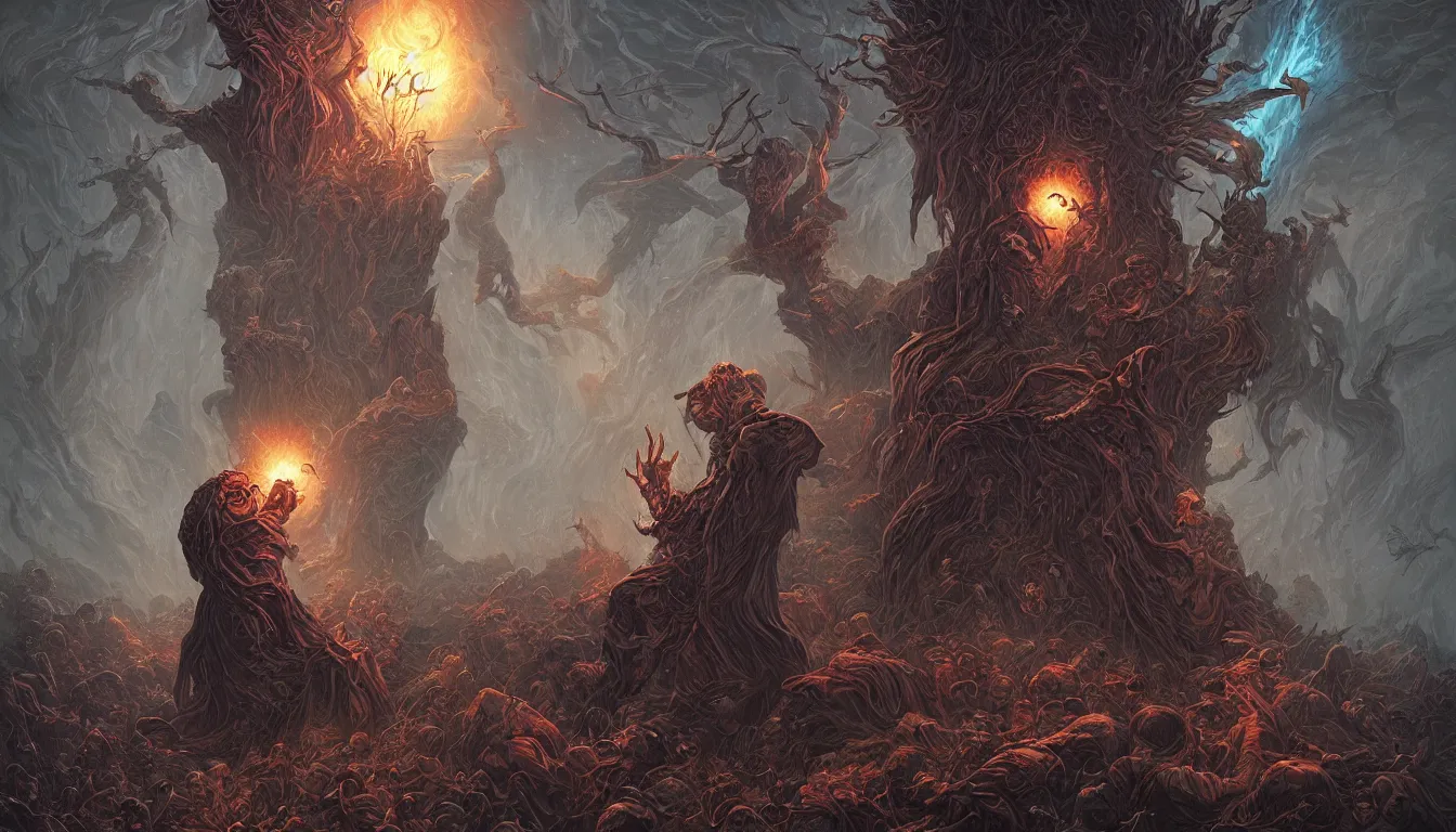 Prompt: Channeling the Power of Souls Into a New God, dark fantasy art by Dan Mumford and Greg Rutkowski, highly detailed, black metal artwork, trending on artstationhq