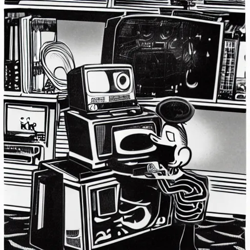 Prompt: a black and white photograph of a man destroying a computer until it sparks, by gary baseman, by robert crumb, by jim henson, photorealistic, surreal, soft lighting, film photography, home photography, home video