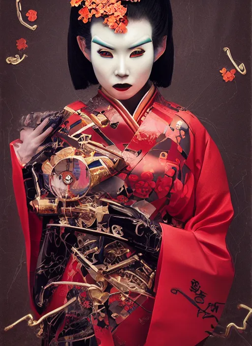 Image similar to portrait of a stylish futuristic geisha cyborg, with a red kimono with japanese golden signs written on it, kintsugi, modern fine art, fractal, intricate, elegant, highly detailed, digital photography, subsurface scattering, in the style of ghost, by jheronimus bosch and greg rutkowski,