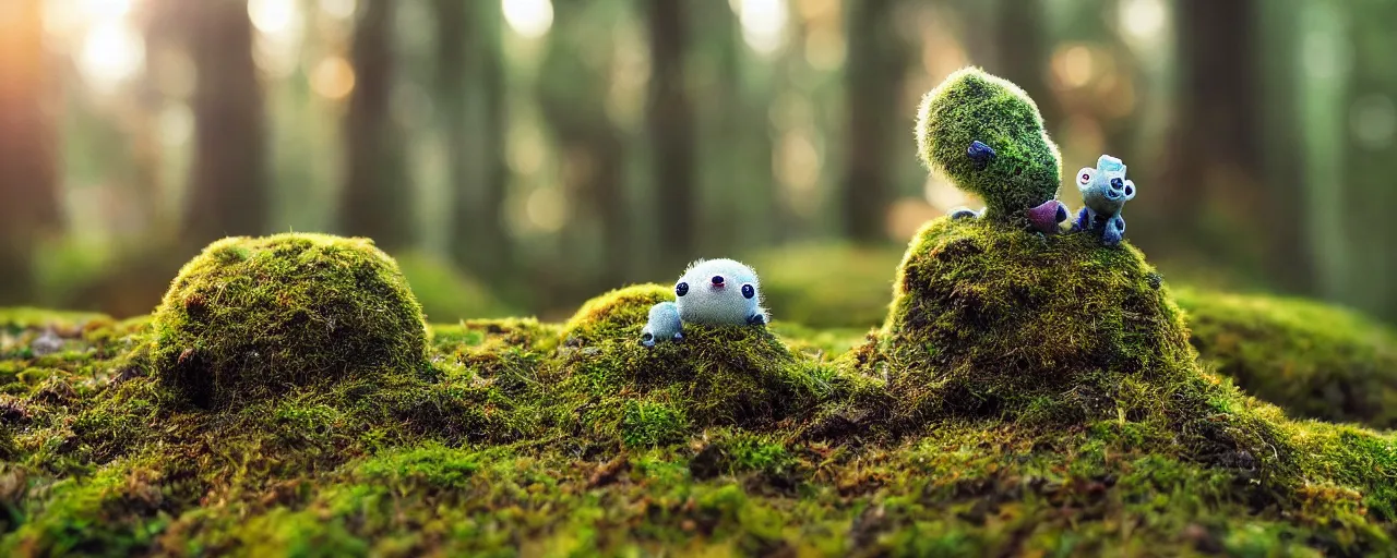 Image similar to tiny cute mossy forest creatures by bobby chiu, at sunset, macro photography, goro fujita, cute, adorable, cinematic